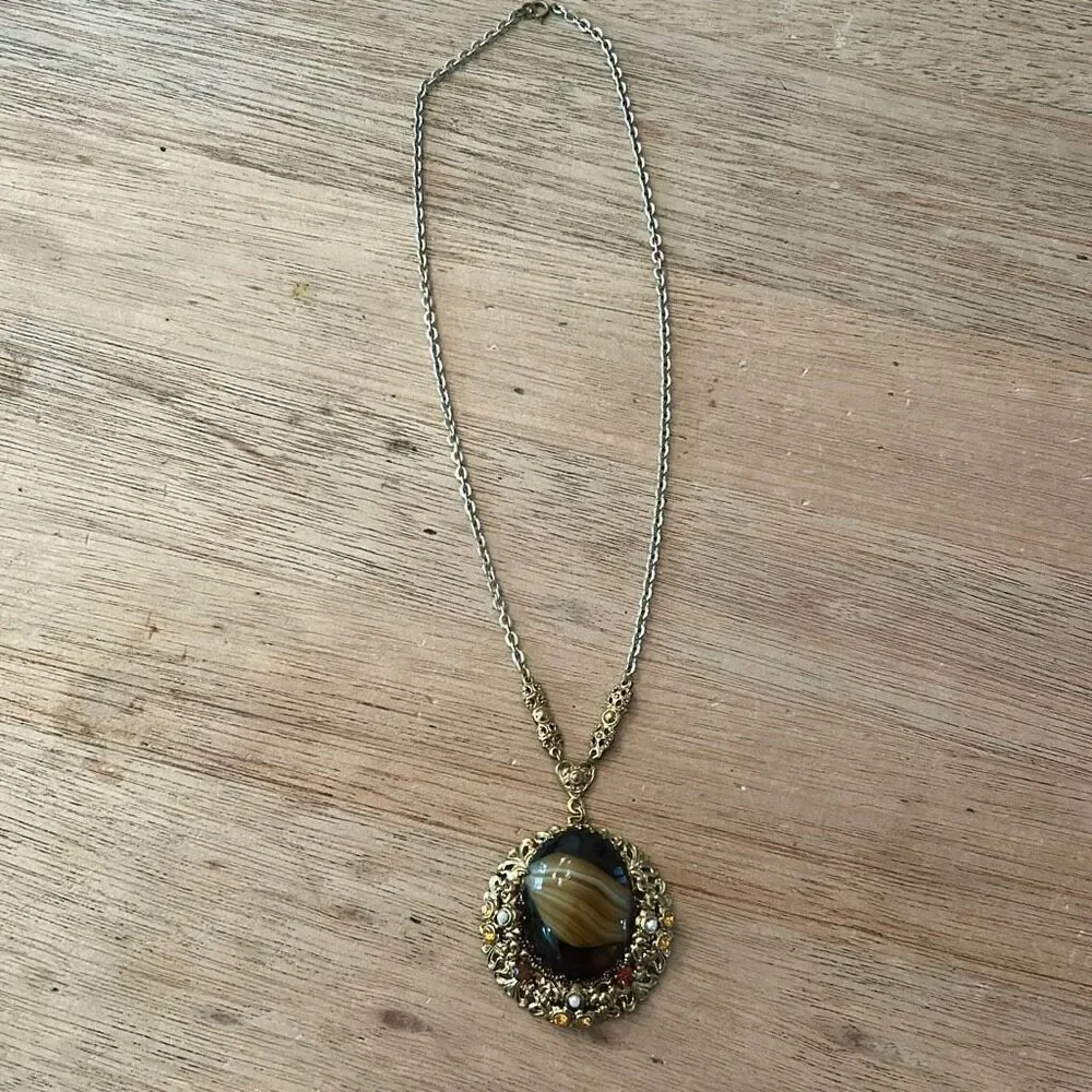 Vintage made in West Germany at gate filigree pendant with pearl and stone detai
